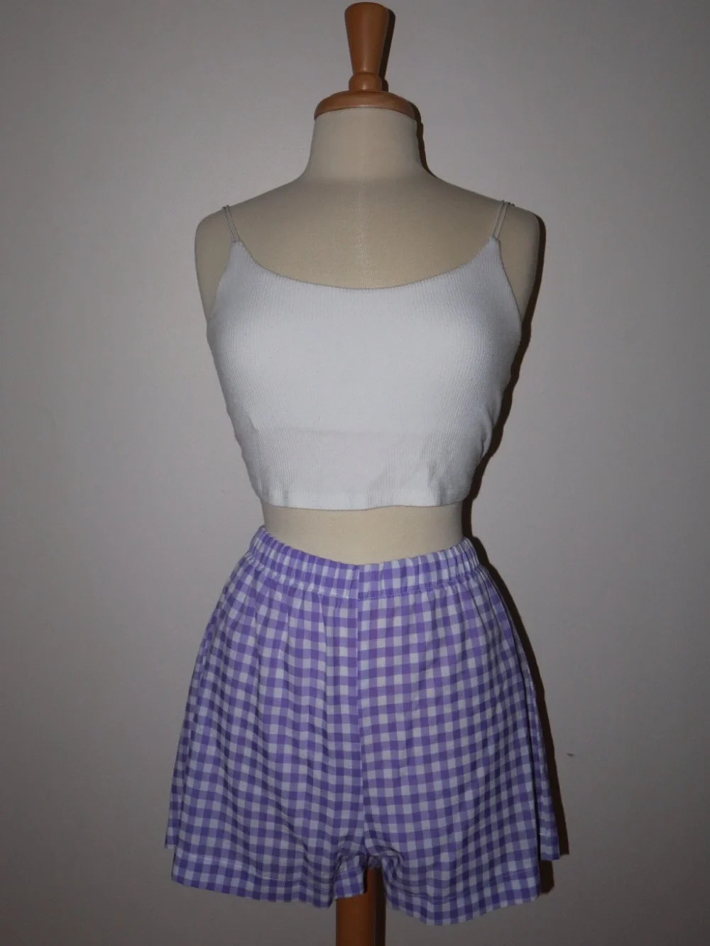 3-Piece Purple Checkered Button-Down Shirt, Shorts, and Tank Top Set